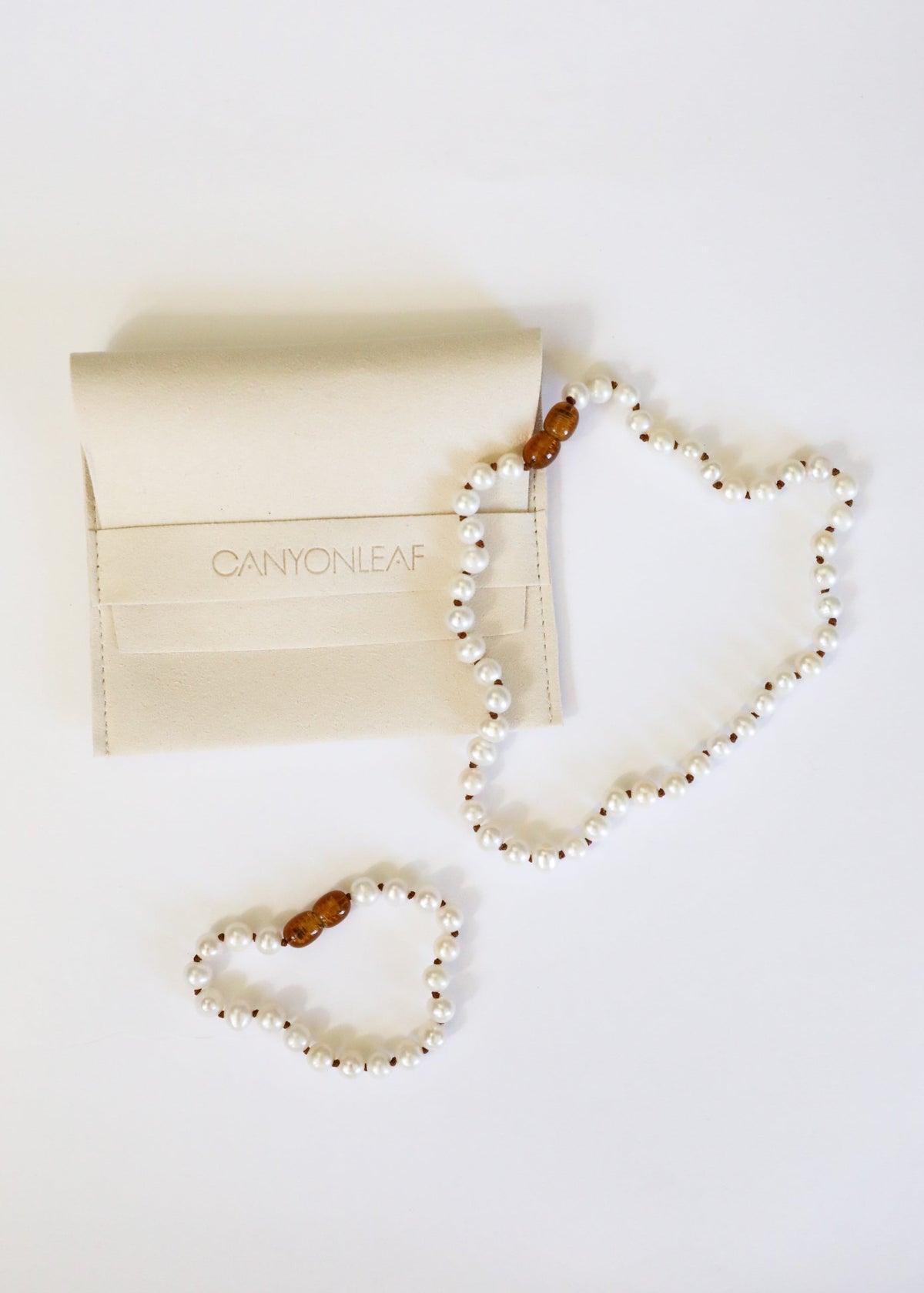 Pearl and brown gemstone bead heart bracelet and anklet with dangling beaded sections