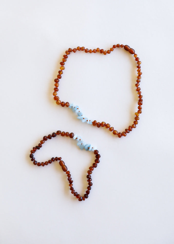 Raw amber and aquamarine bead necklace set, brown beads with blue accents