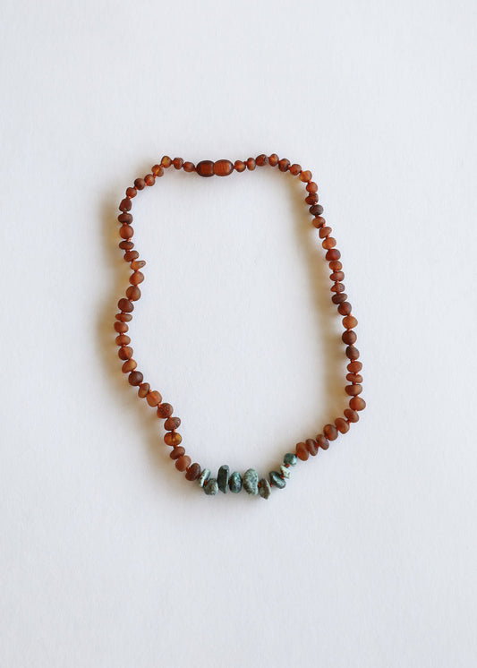 Cognac amber bead necklace with raw turquoise jasper teardrop stones