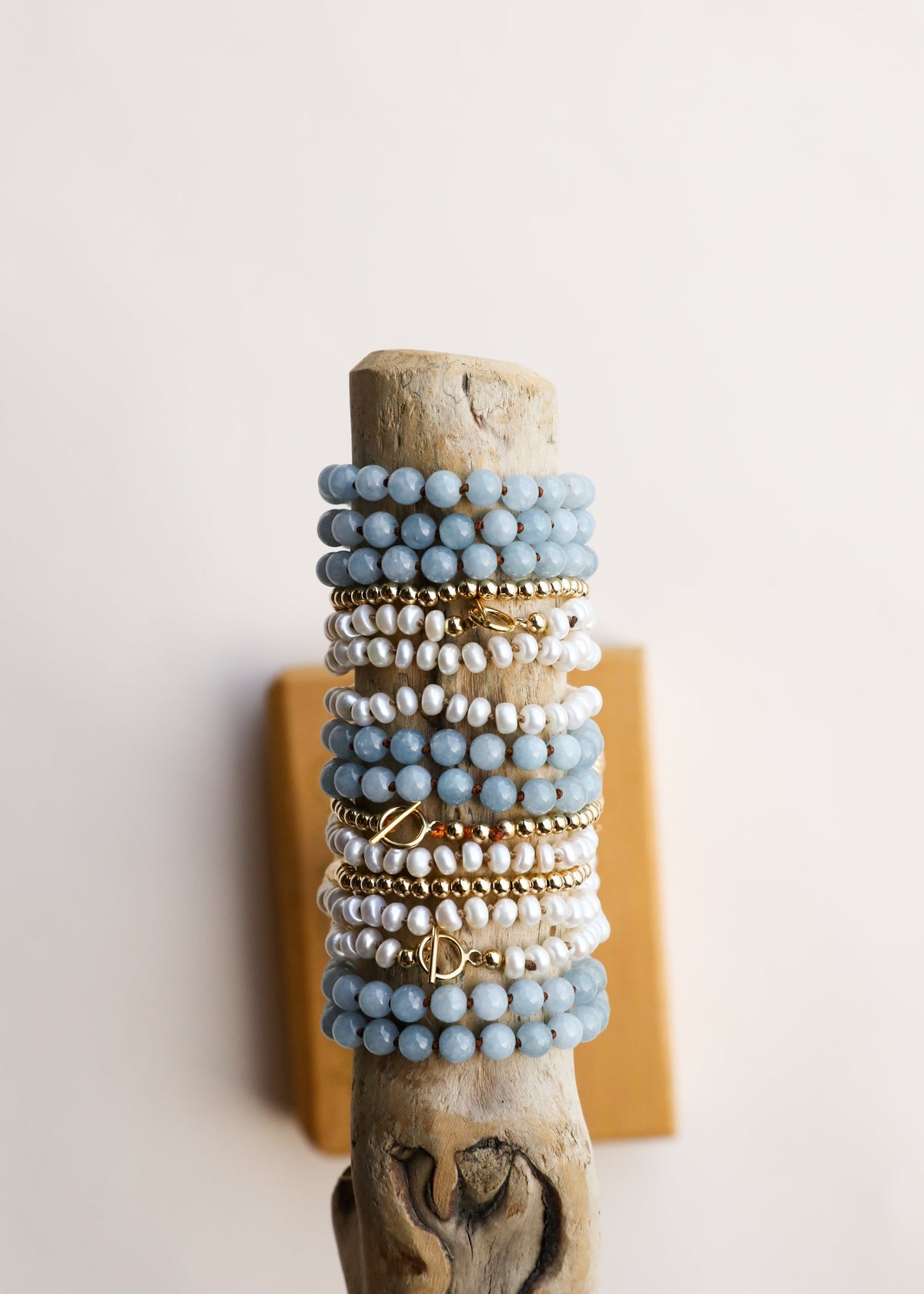 Aquamarine bead anklet/bracelet set with gold-tone accents, stacked strands