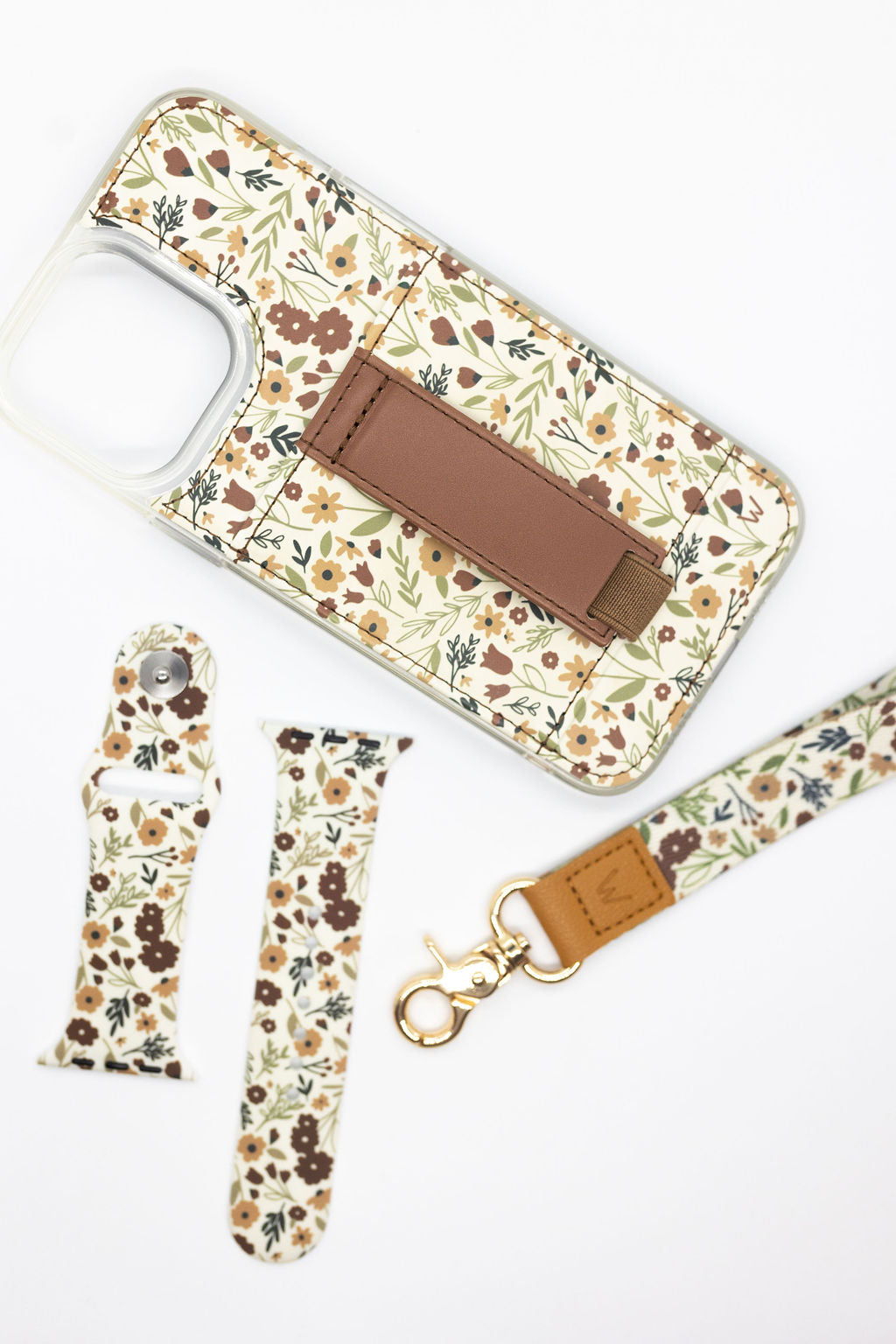 Floral wrist lanyard set: phone strap, keyring, and lobster clasp