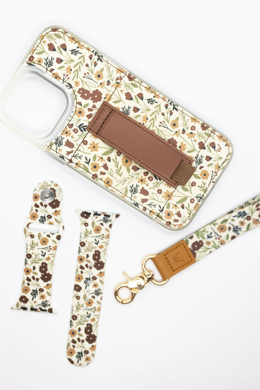 Floral wrist lanyard set: phone strap, keyring, and lobster clasp