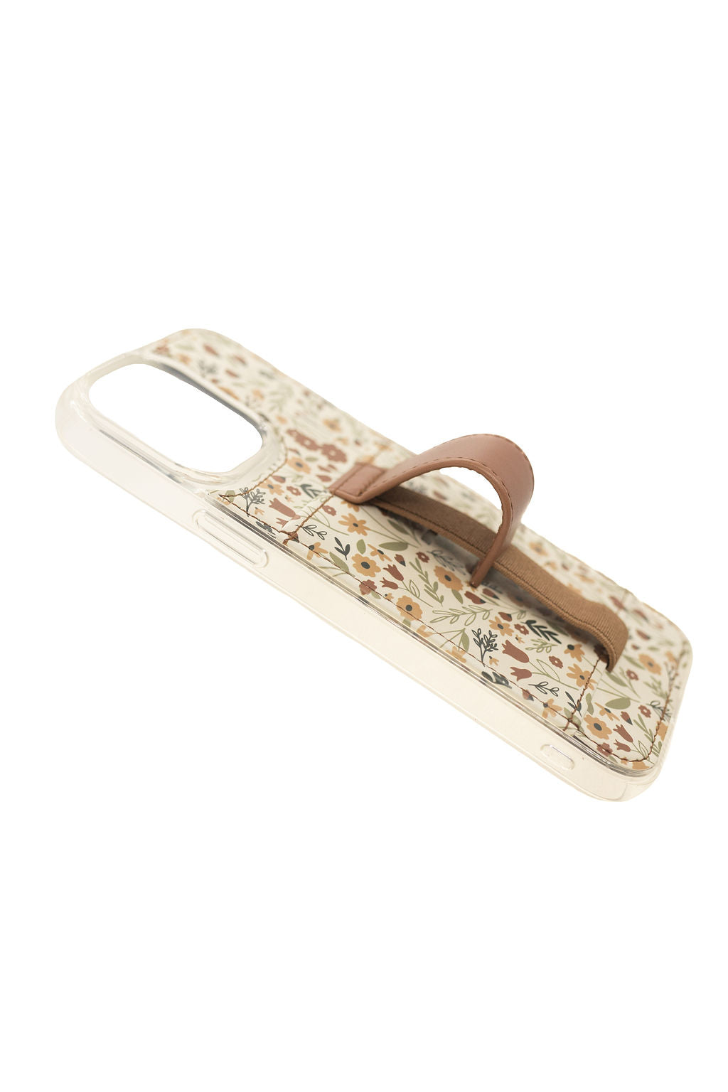Floral phone case with brown strap and clear bumper, angled view