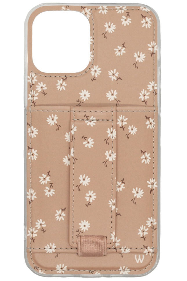 Brown floral phone case with white daisies and stitched card-slot pocket