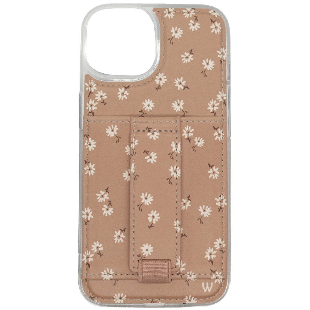 Brown floral phone case with white daisies and a stitched card-holder pocket