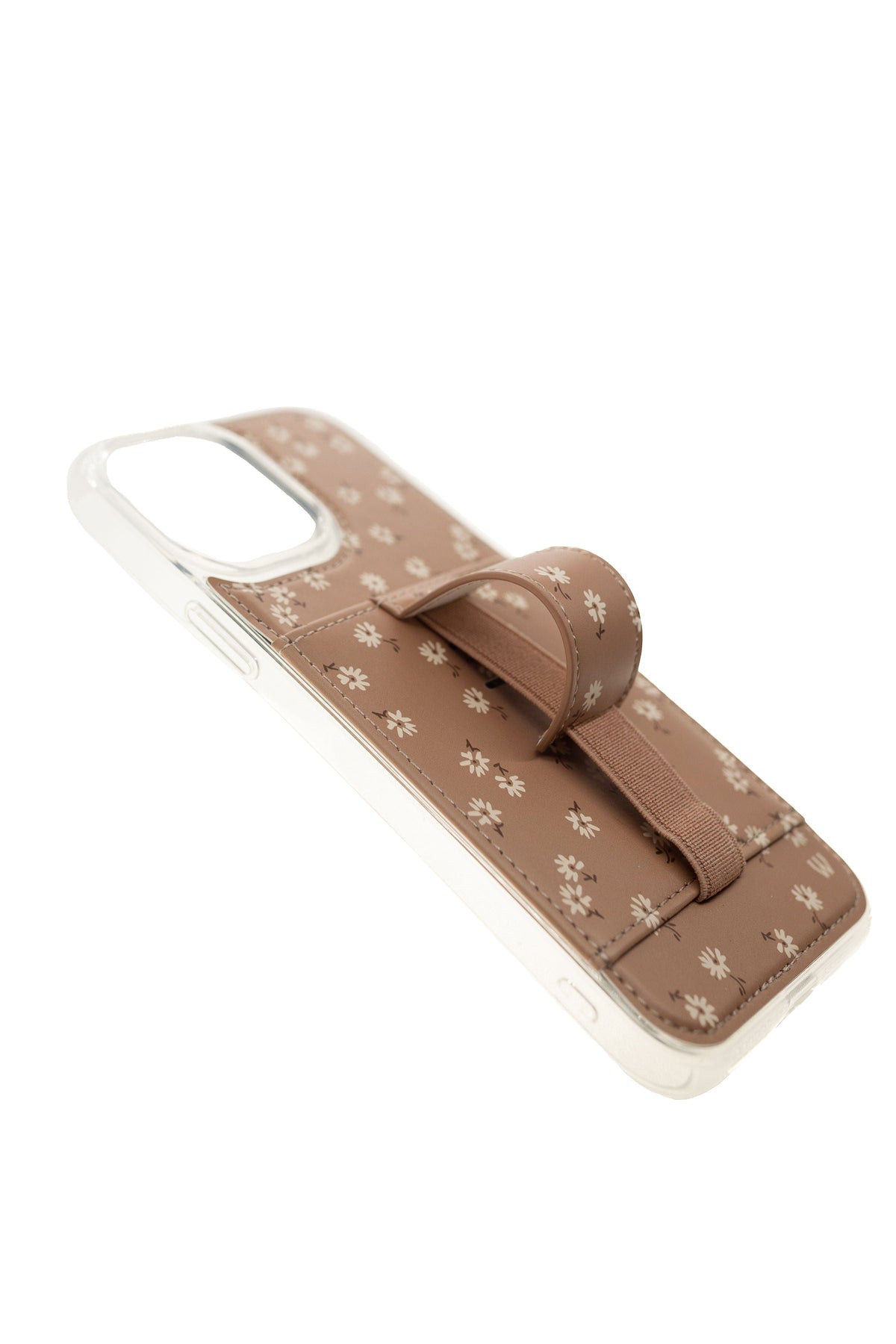 Brown floral phone case with white daisy print and raised strap detail