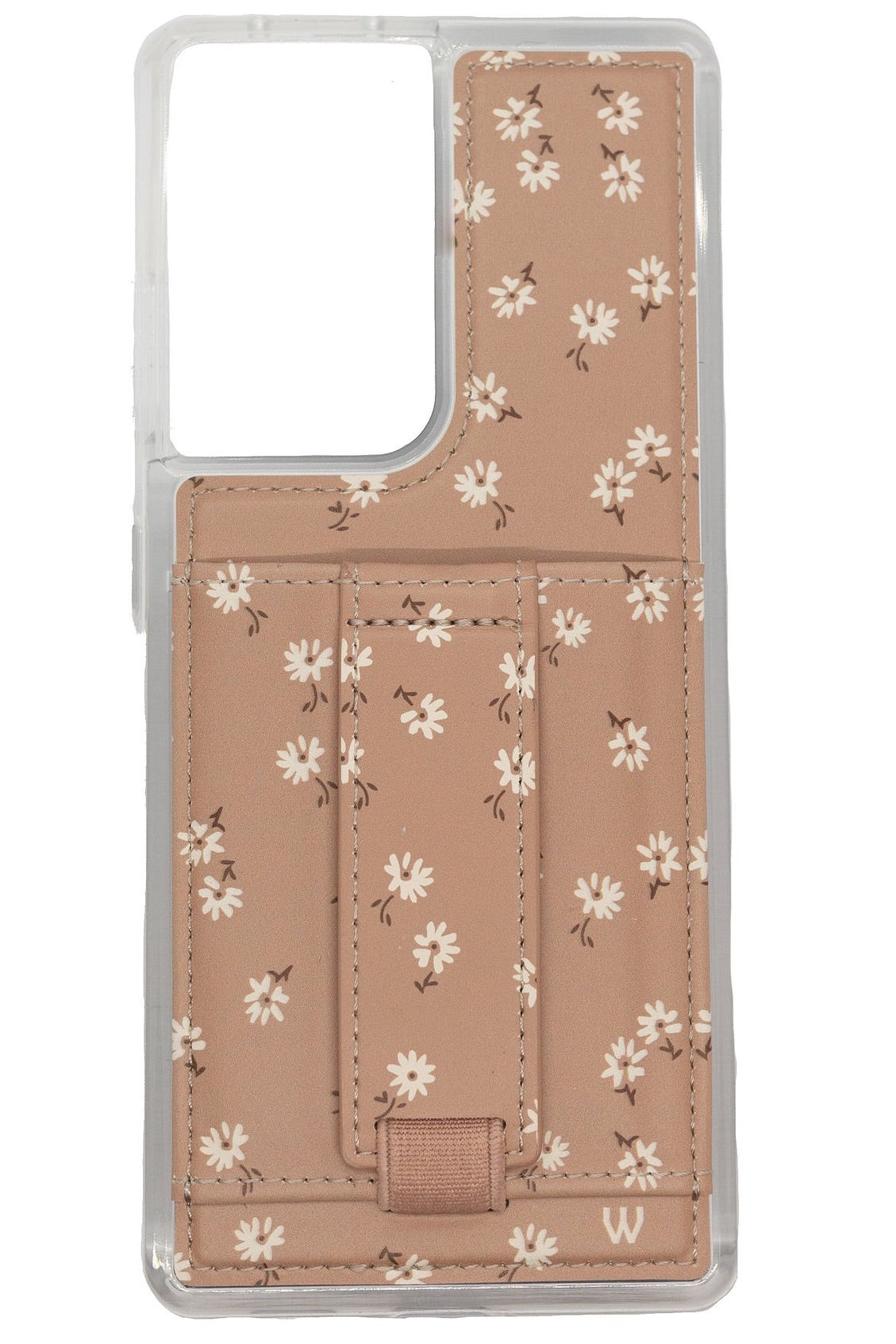 Brown floral phone case with white daisy pattern in clear protective frame