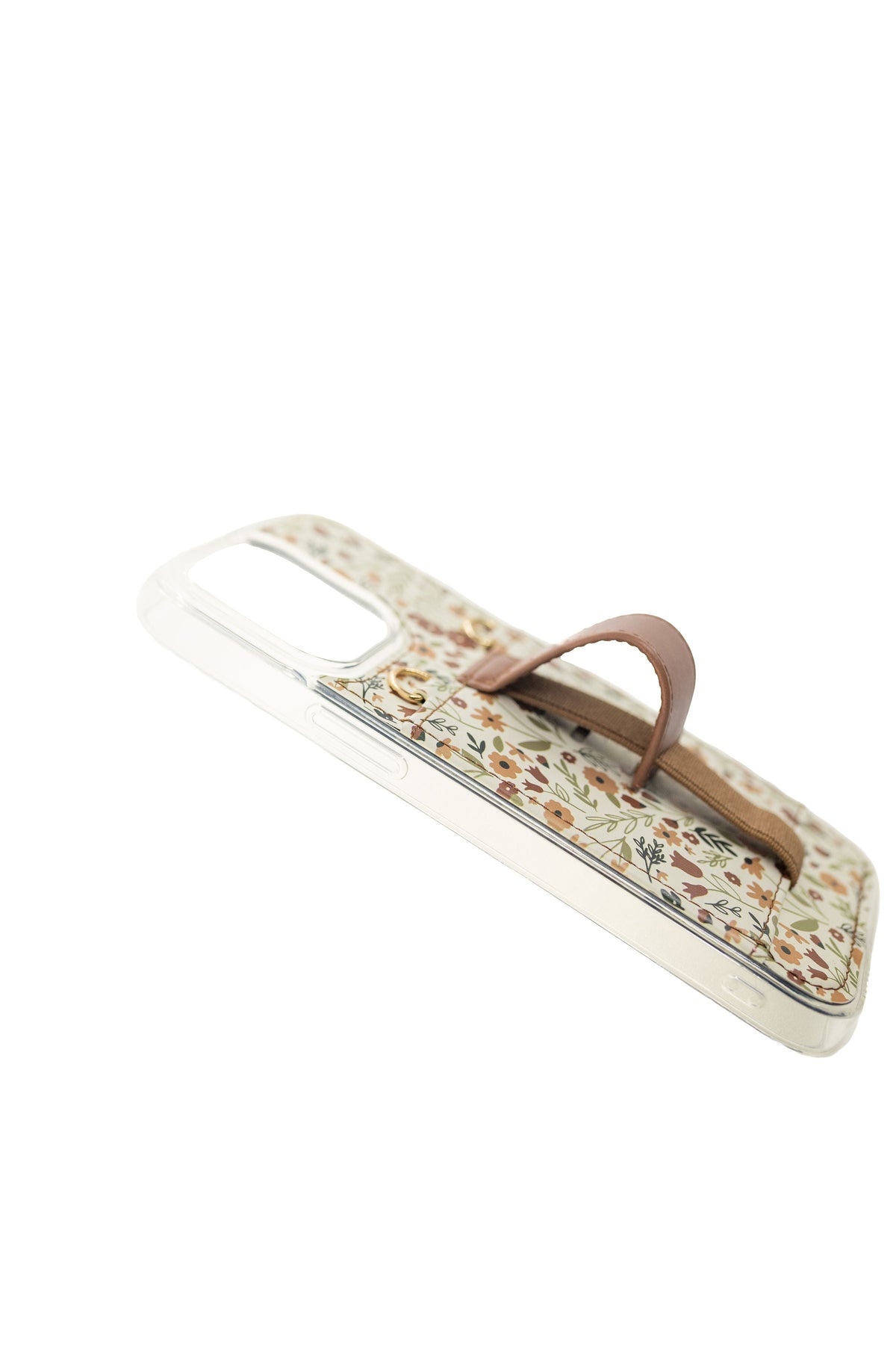 Floral purse phone case with brown carrying strap, side view