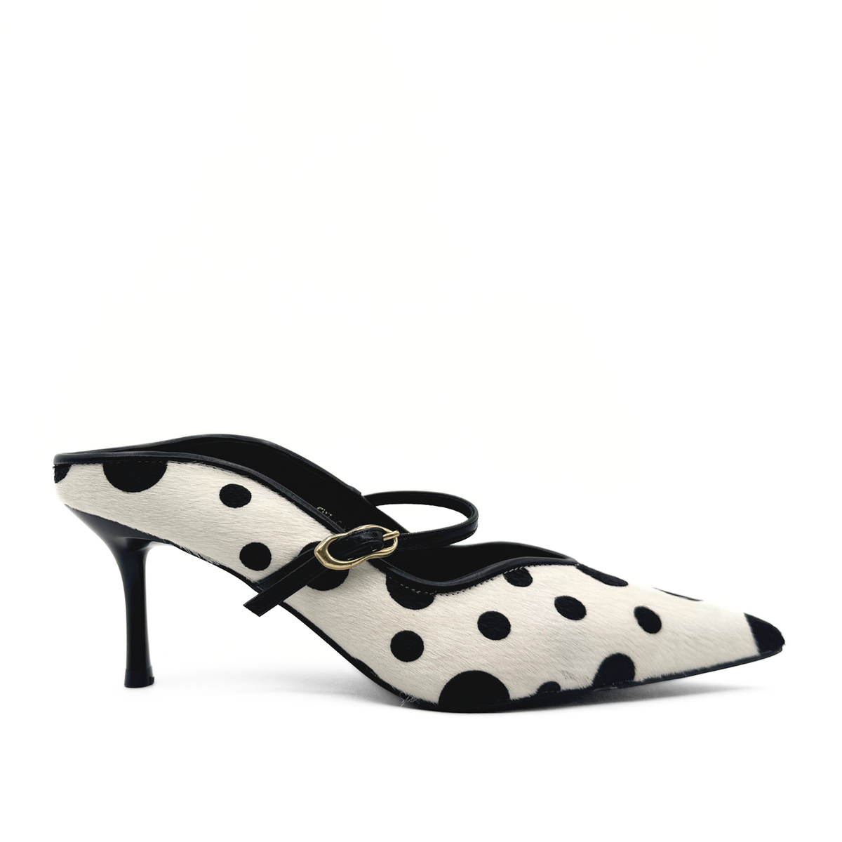 Nicky Pony Hair pumps with black strap, cream base, and black polka-dot pattern.