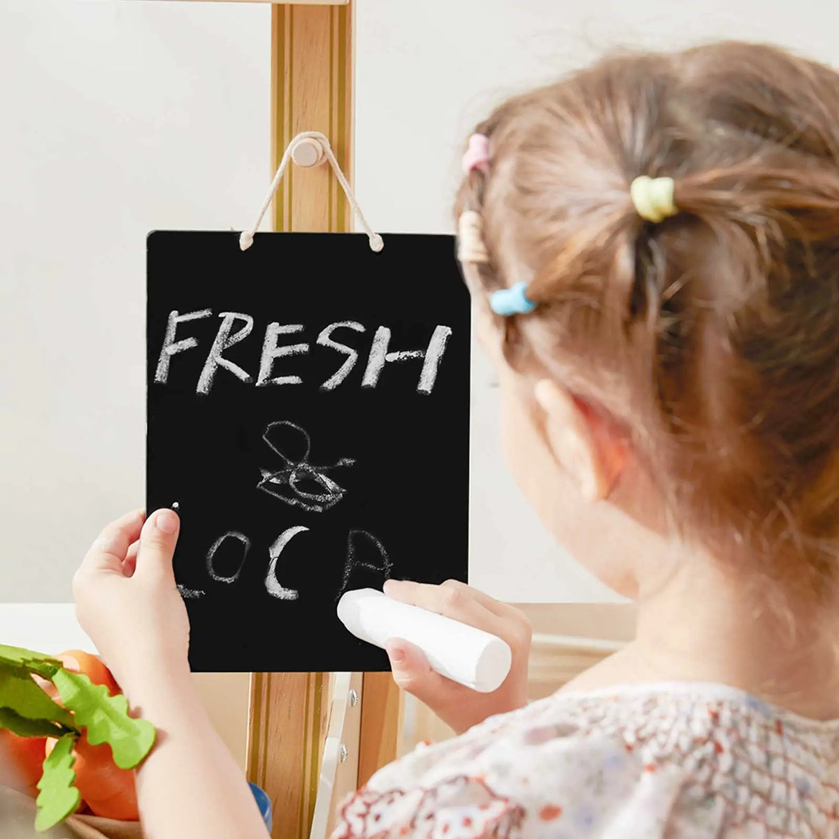 Grocery store playset chalkboard sign for pretend messages.