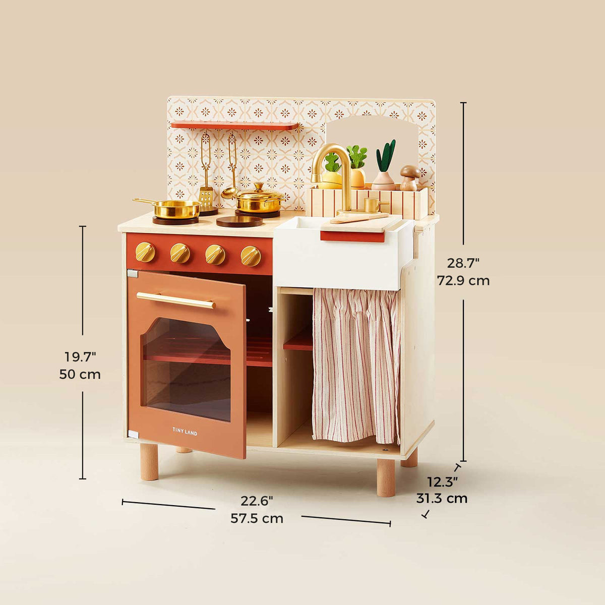 Tiny Land wooden play kitchen with oven, sink, stovetop, and striped curtain; dimensions shown
