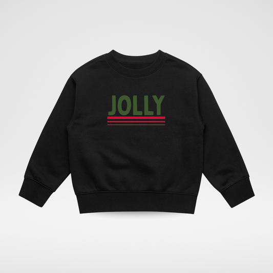Black toddler crew sweatshirt with long sleeves and front 'JOLLY' graphic