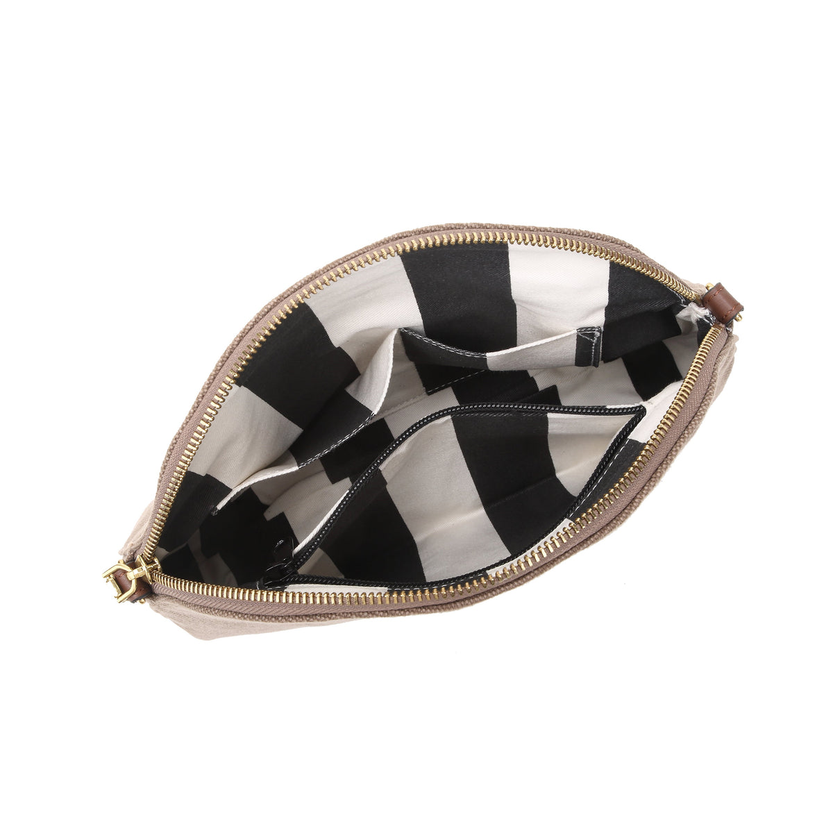 Zippered canvas bag interior with black-and-white striped lining