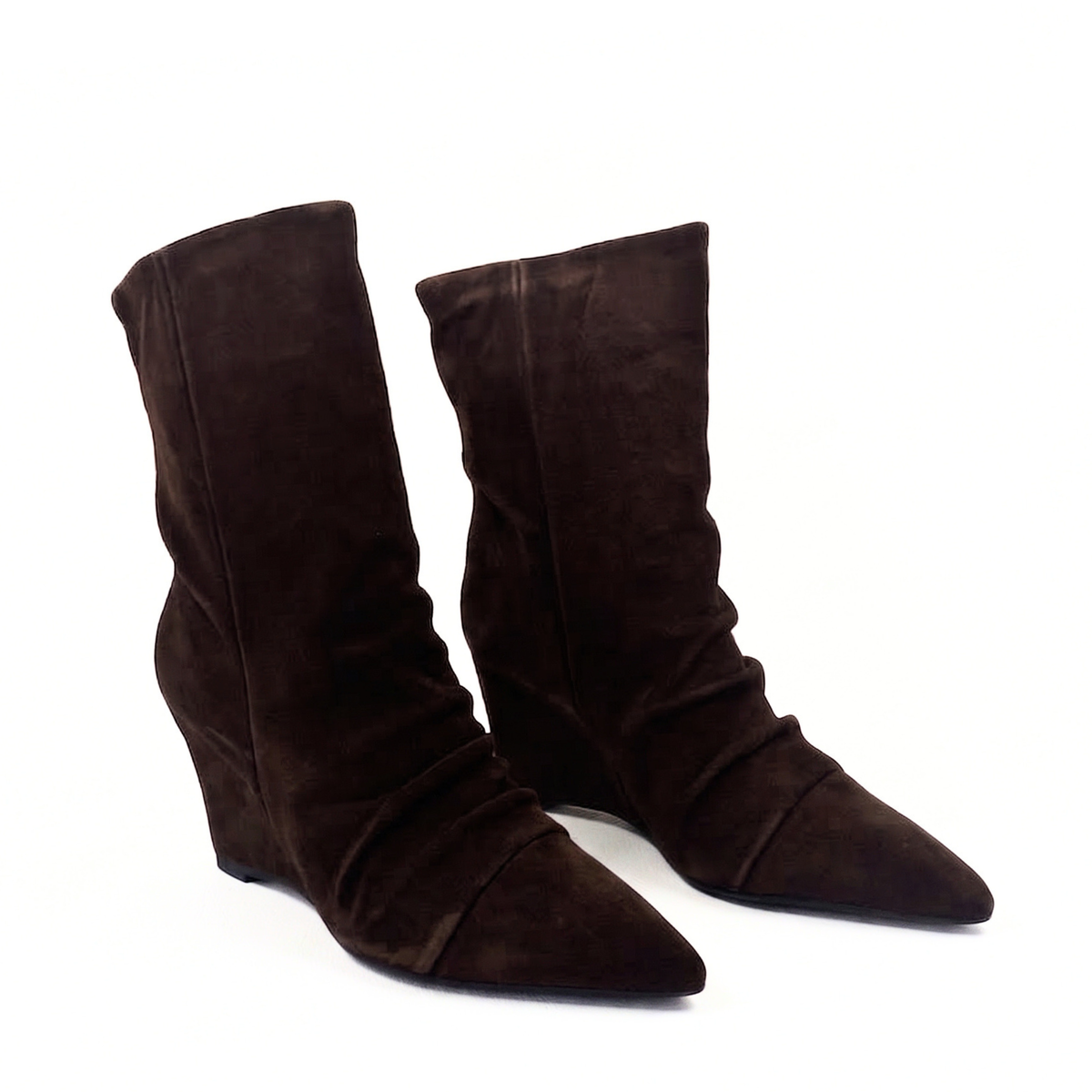 Pair of dark brown suede slouch wedge boots, pointed toes, front view
