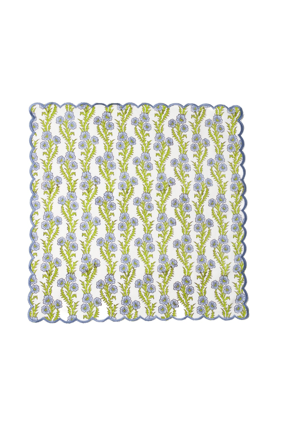 Scallop-edged blockprint embroidered napkin with blue and green floral vertical pattern