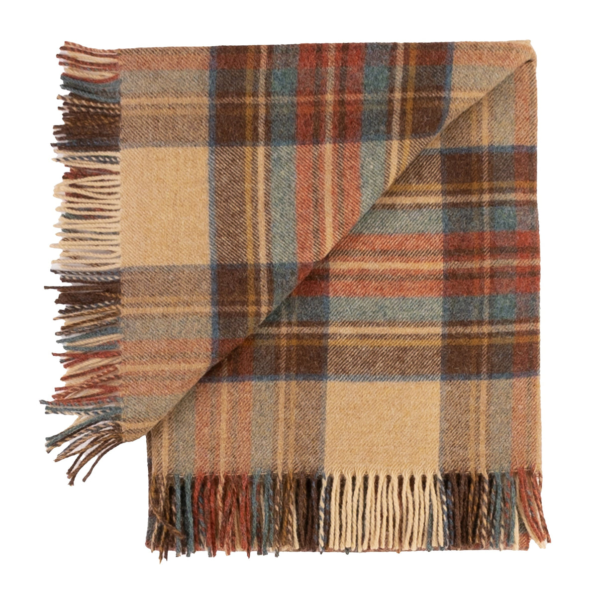 Plaid throw blanket with fringed border, light tan with blue, brown and rust squares.