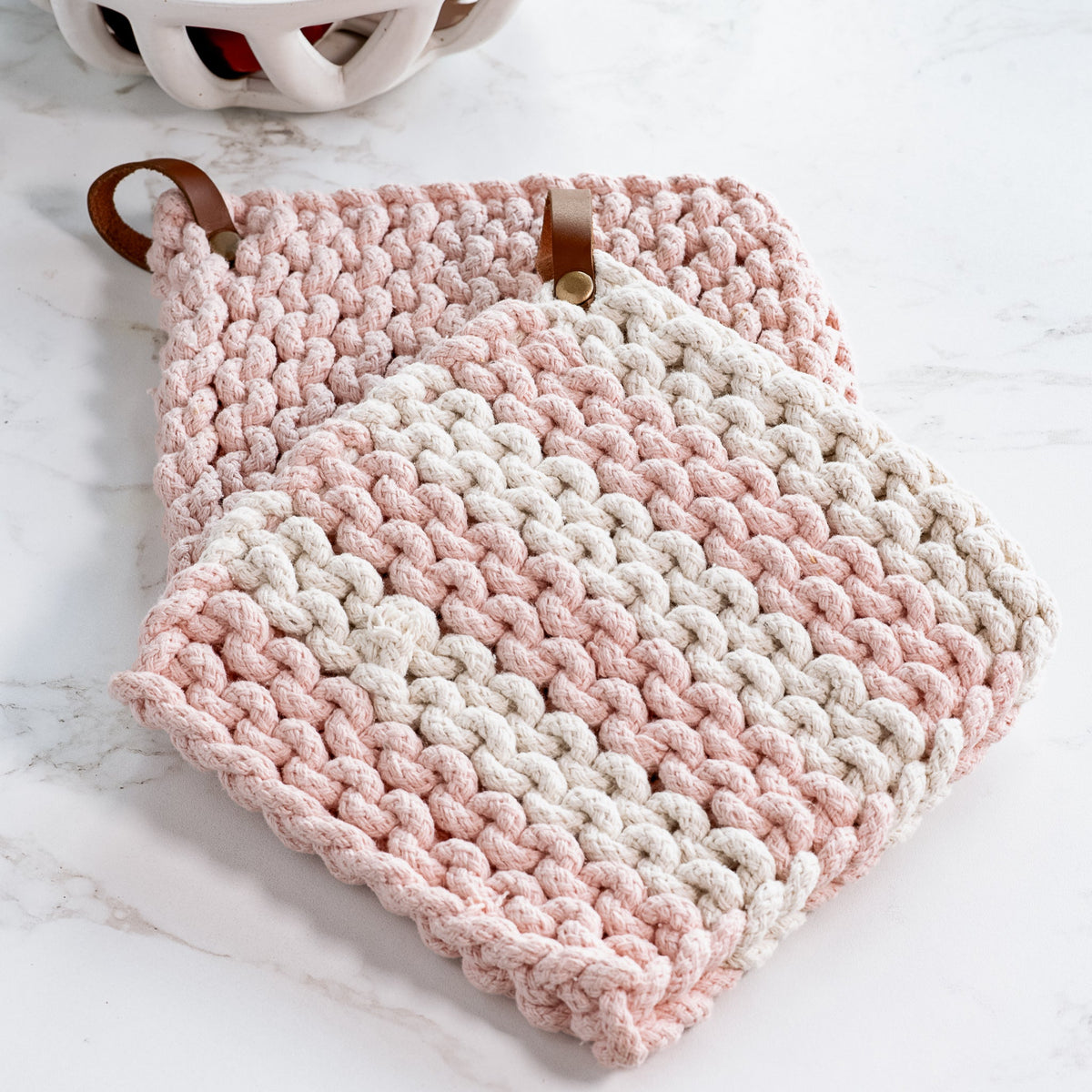 Chunky knit cotton pot holder, pink and cream striped with loop handle