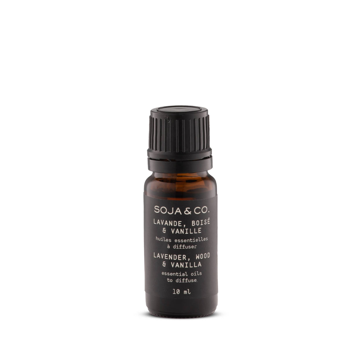 Essential oil bottle with black cap; SOJA & CO. Lavender, Wood & Vanilla, 10 mL