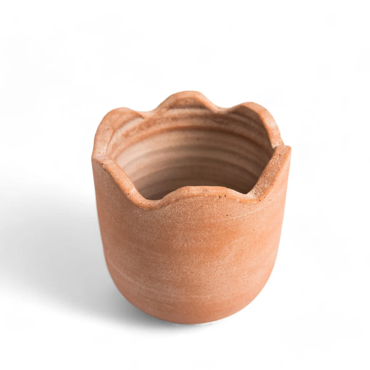 Medium wavy terracotta planter with scalloped rim and smooth round body