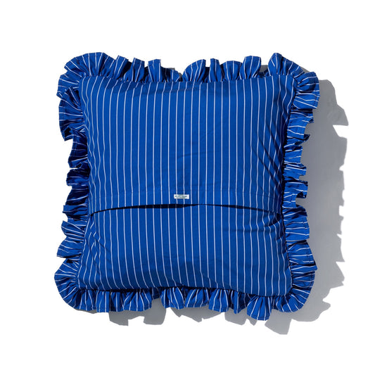 Blue vertical stripe ruffle cushion cover with gathered edges