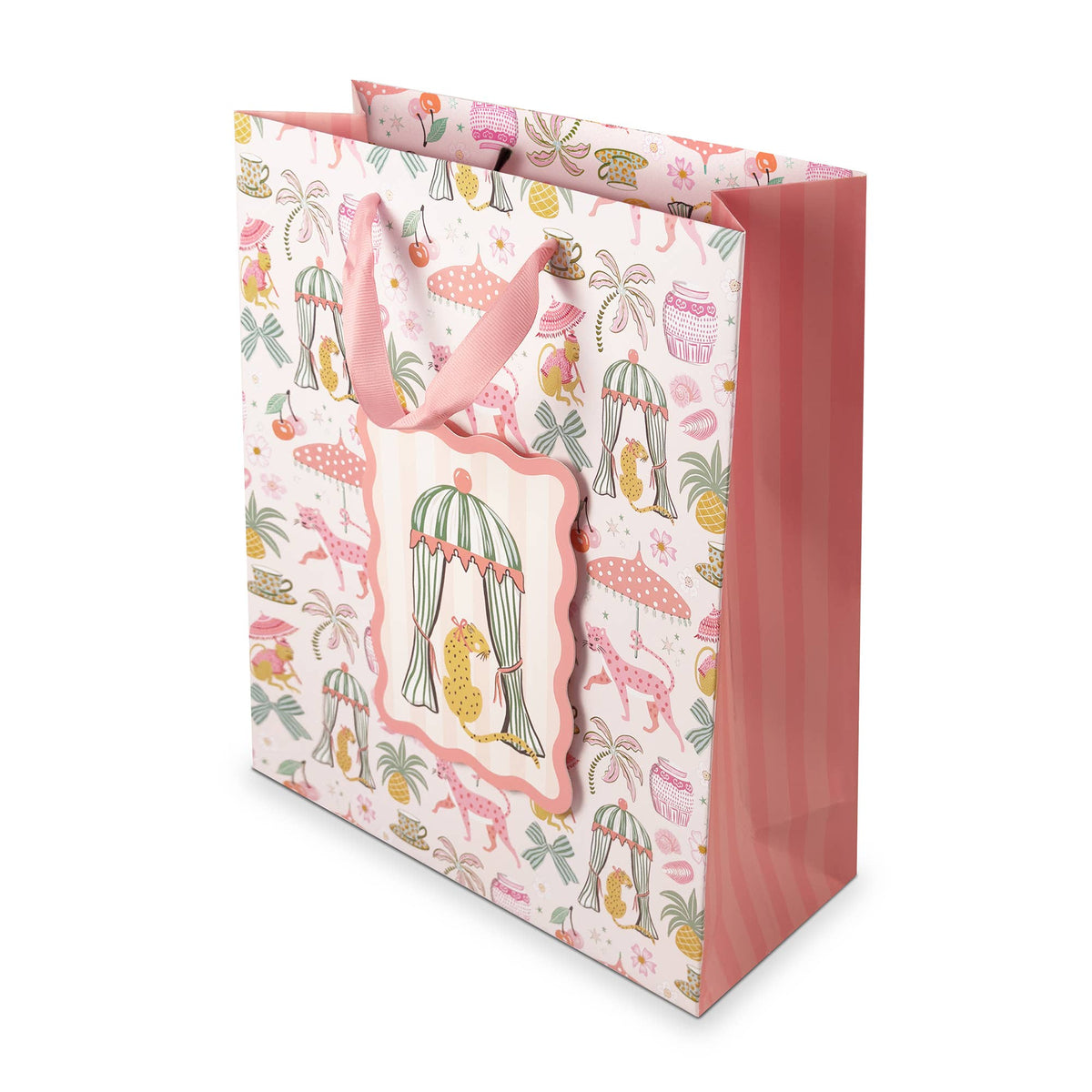 Large vertical gift bag with pastel animal and umbrella illustration, pink sides