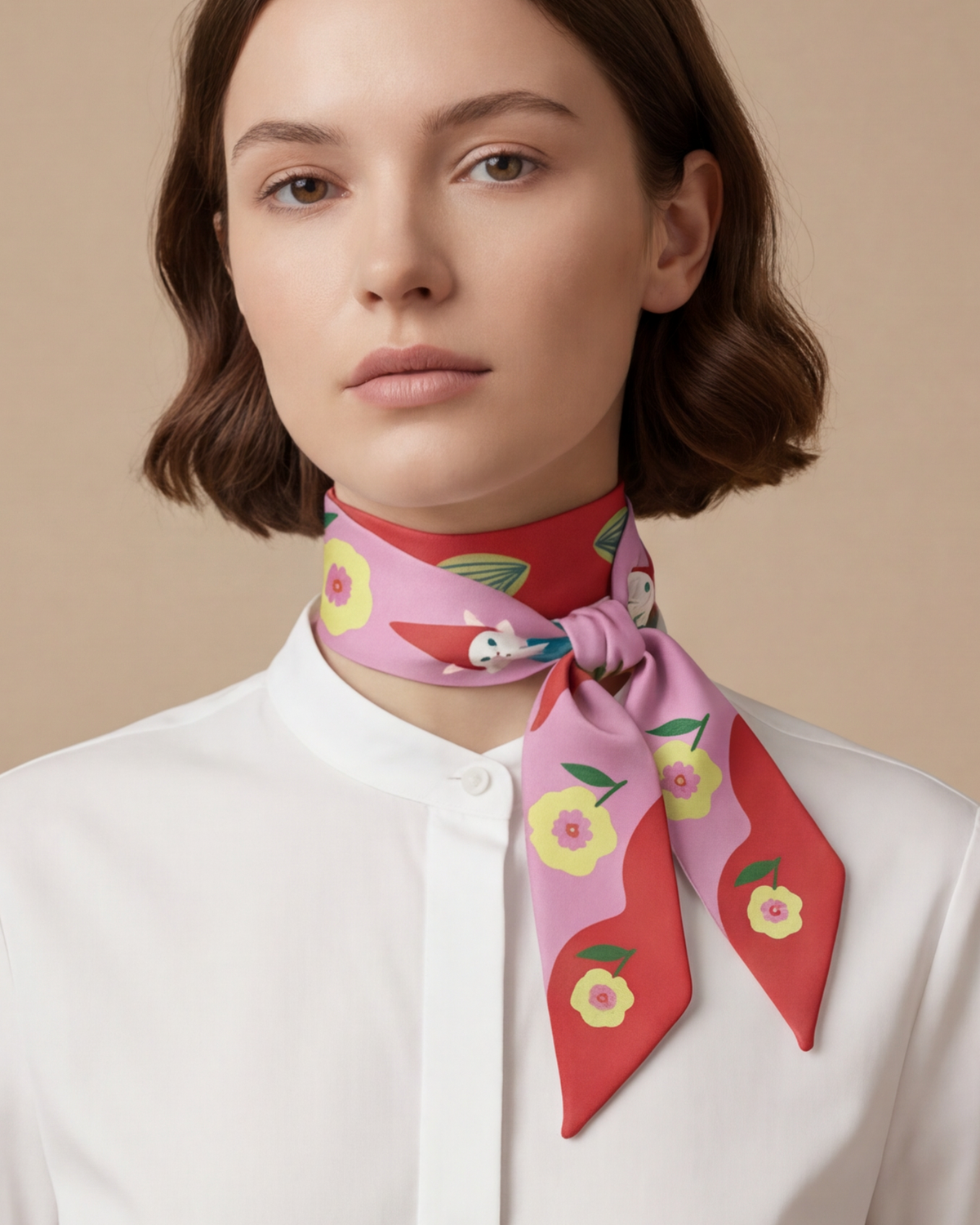 Twilly ribbon scarf worn at neck, red and pink with cat and floral pattern