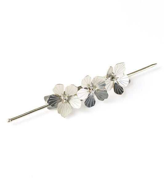 Silver-tone flower hair pin with five layered petals and center rhinestone accents