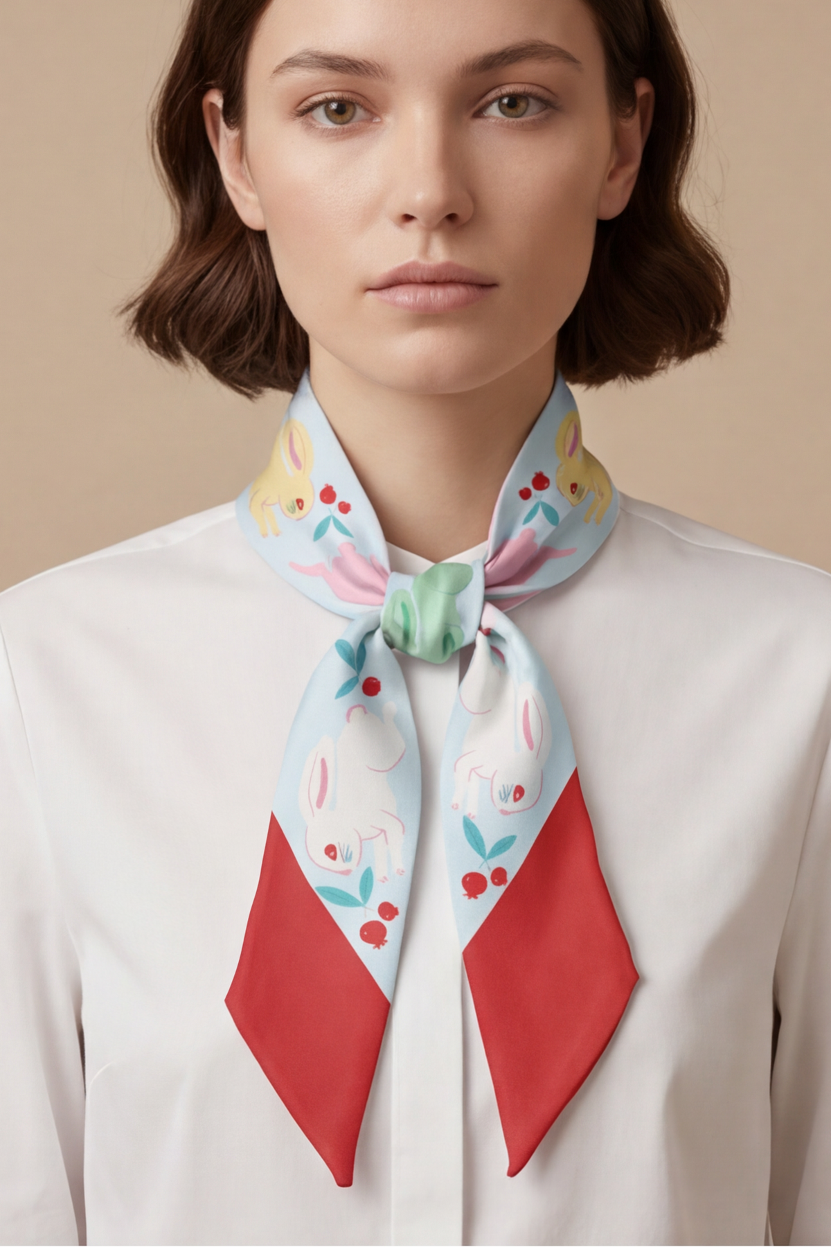 Twilly ribbon scarf with bunny print and bows, tied under collar on white shirt