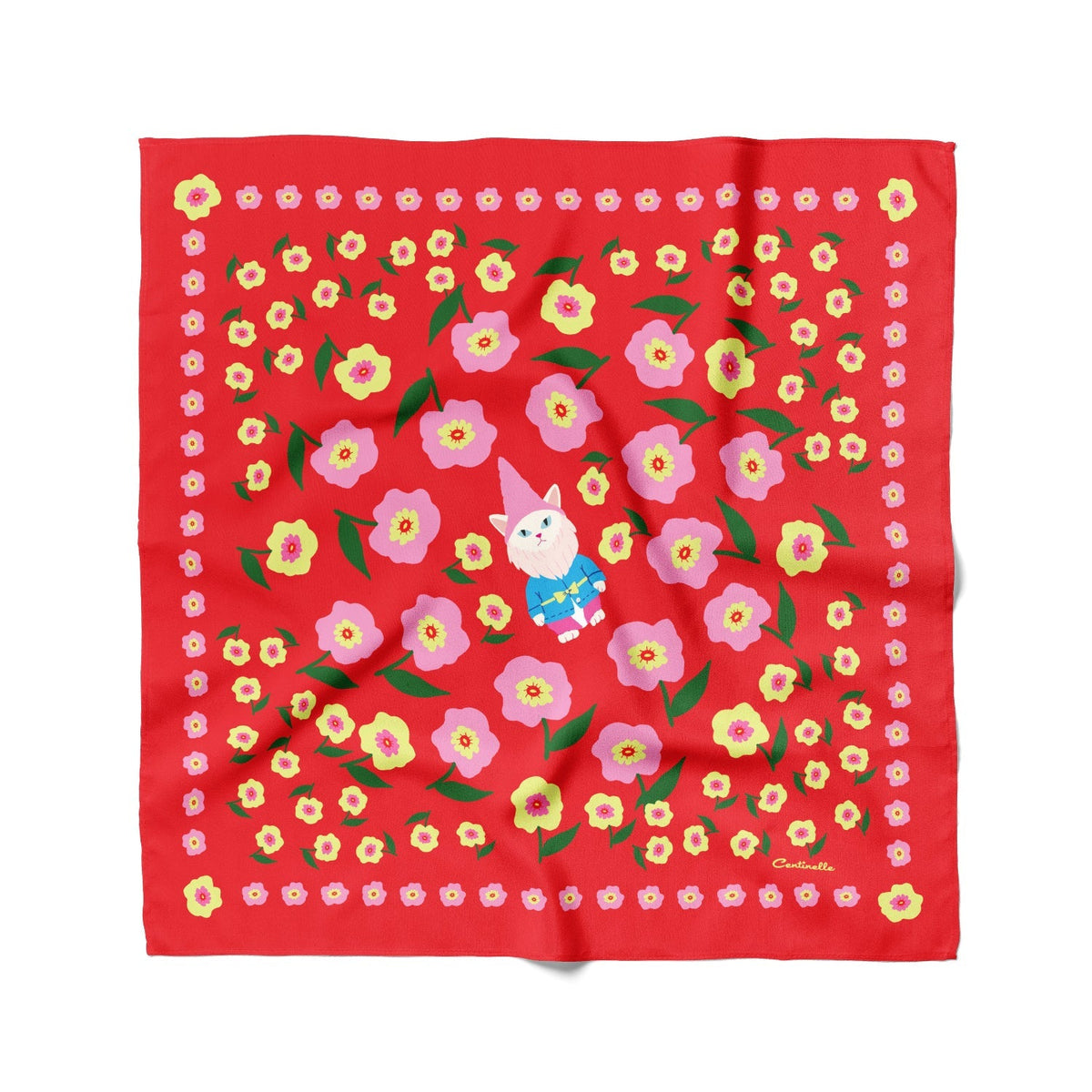 Red bandana with small gnome-cat figure and repeating floral pattern