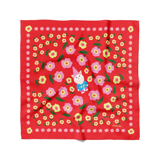 Red bandana with small gnome-cat figure and repeating floral pattern