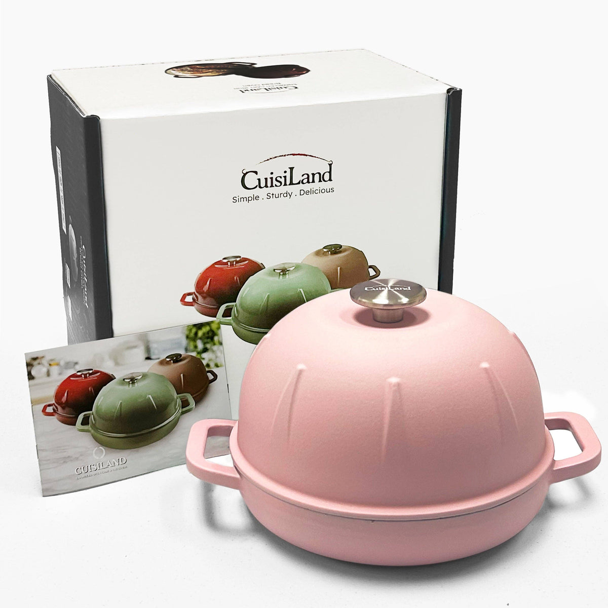 Pink cast iron bread cloche with dome lid and side handles on base