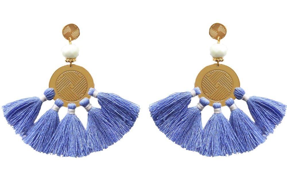 Pair of blue tassel earrings with gold disc, white beads, and fan-shaped fringe