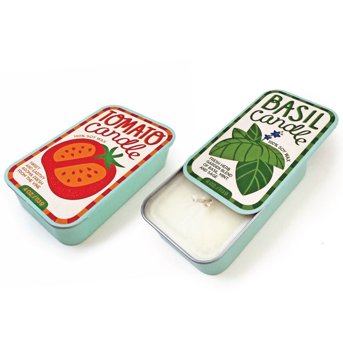 Two soy candle tins: Tomato-scent and Basil-scent in metal containers with labels.