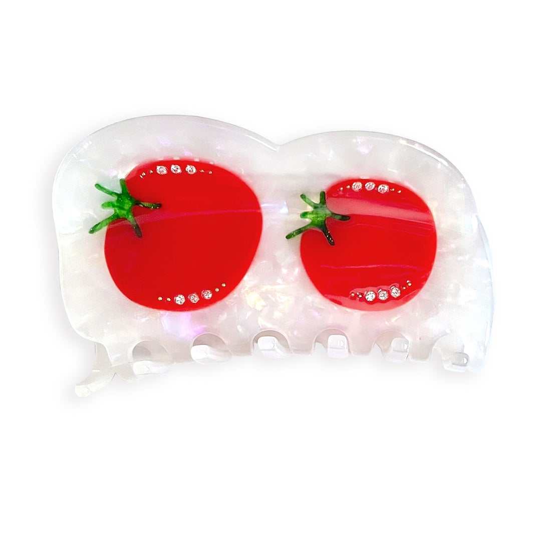 Tomato-themed hair claw clip with two red tomato pieces and green stems