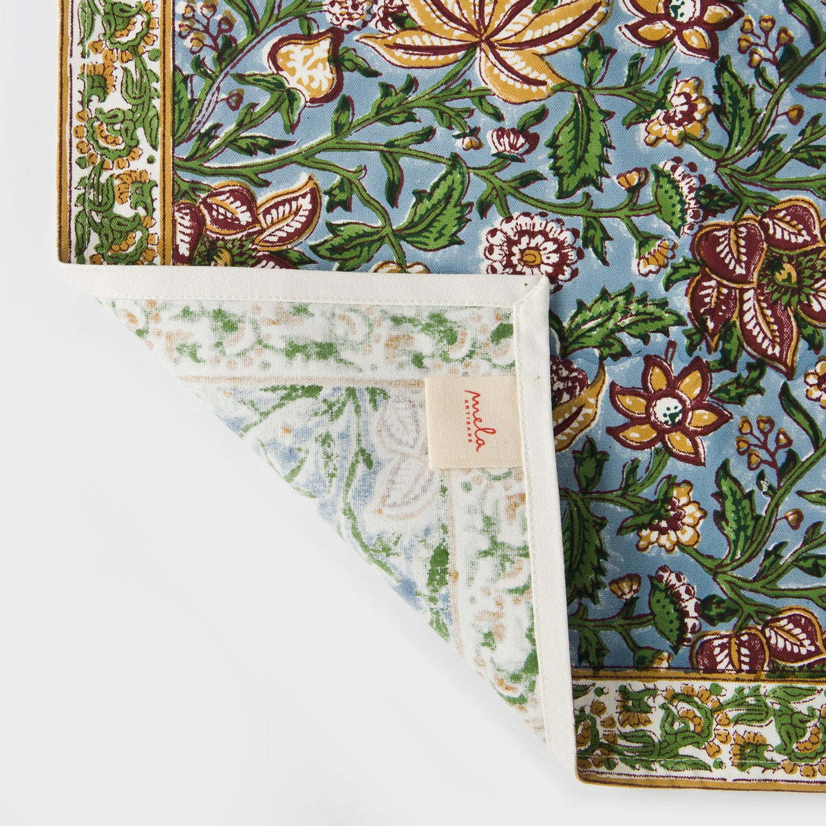 Cotton placemat corner detail with green and blue floral border trim