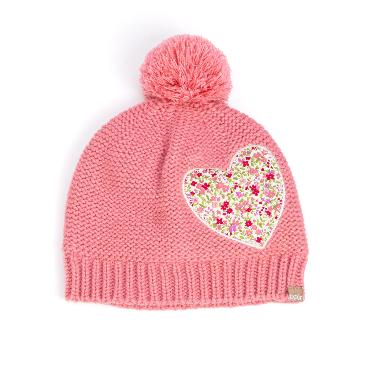 Coral pink knit girls' beanie with pompom and floral heart applique