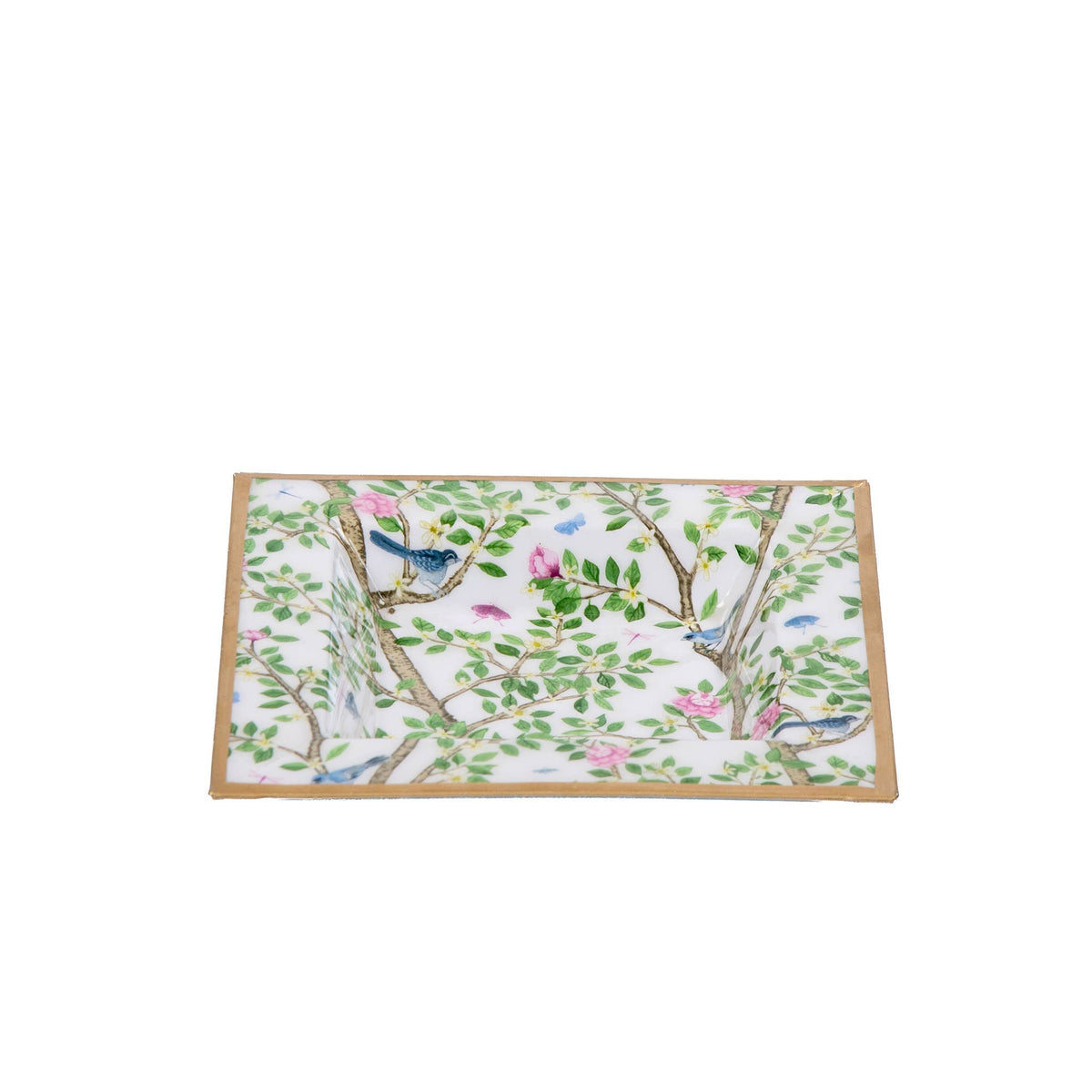 Rectangular enamel trinket tray with bird and garden blossom artwork, gold trim