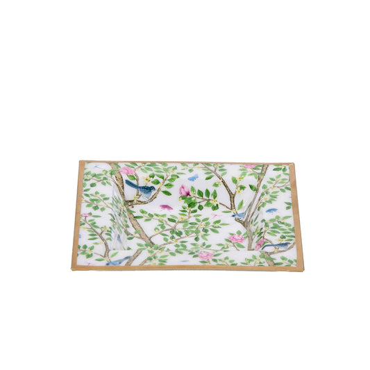 Rectangular enamel trinket tray with bird and garden blossom artwork, gold trim