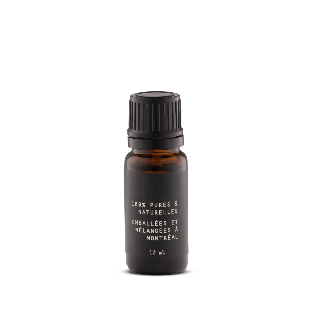 Essential oil bottle back label, amber glass with black cap; SOJA & CO., 10 mL