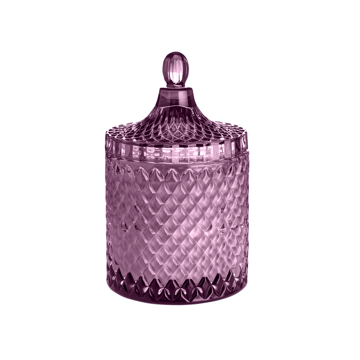 Purple faceted glass candle jar with decorative lid