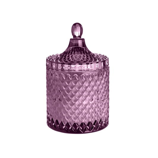 Purple faceted glass candle jar with decorative lid