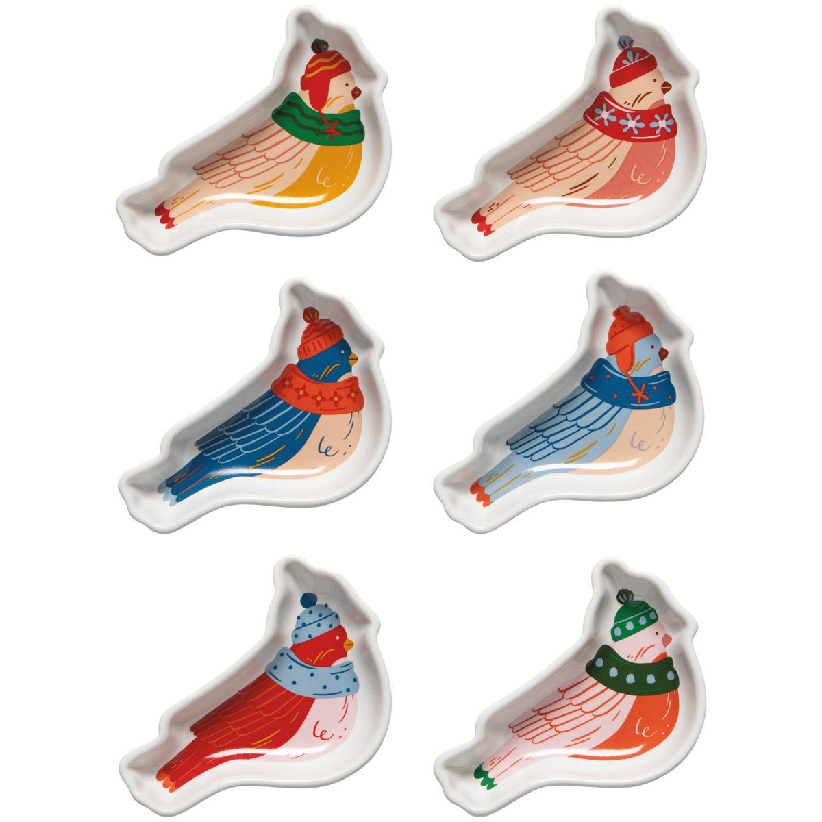 Set of six bird-shaped mini dishes with colorful hats and scarves.