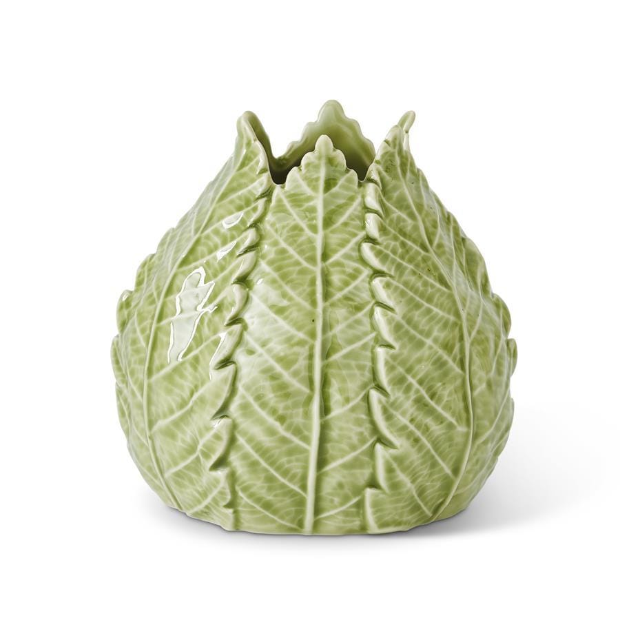 Green ceramic leaf-shaped vase with ribbed leaf texture and fluted rim