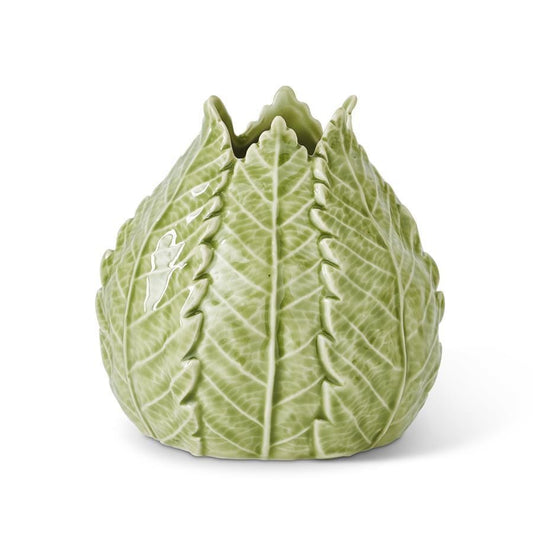 Green ceramic leaf-shaped vase with ribbed leaf texture and fluted rim