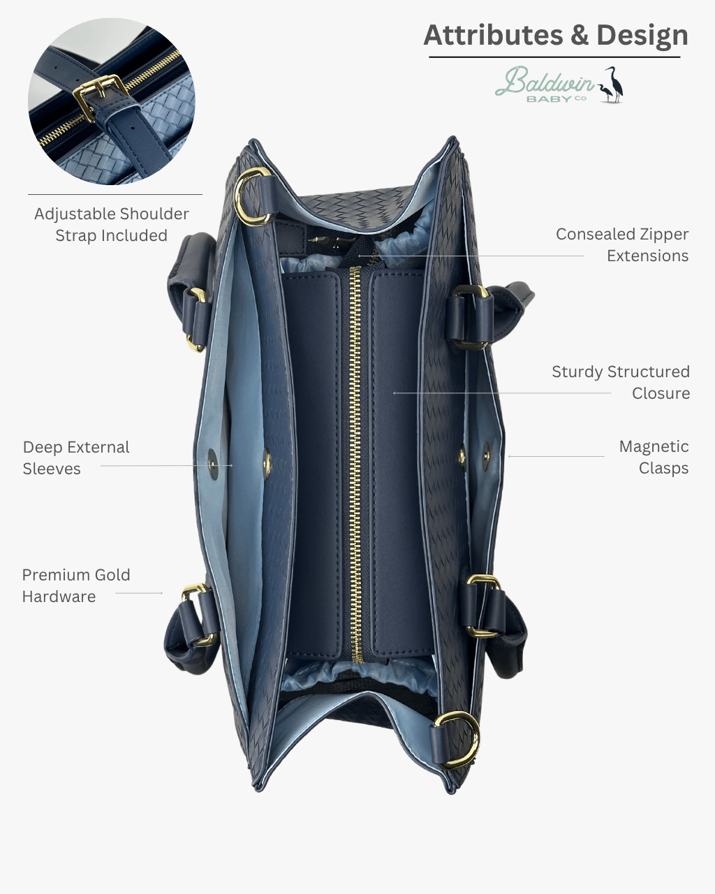 Tote interior with zippered center divider, magnetic clasps, exterior sleeves, and gold-tone hardware
