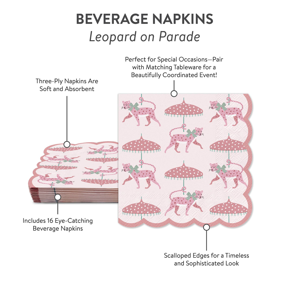 Scalloped pink beverage napkins featuring leopard parade and hanging dress motifs