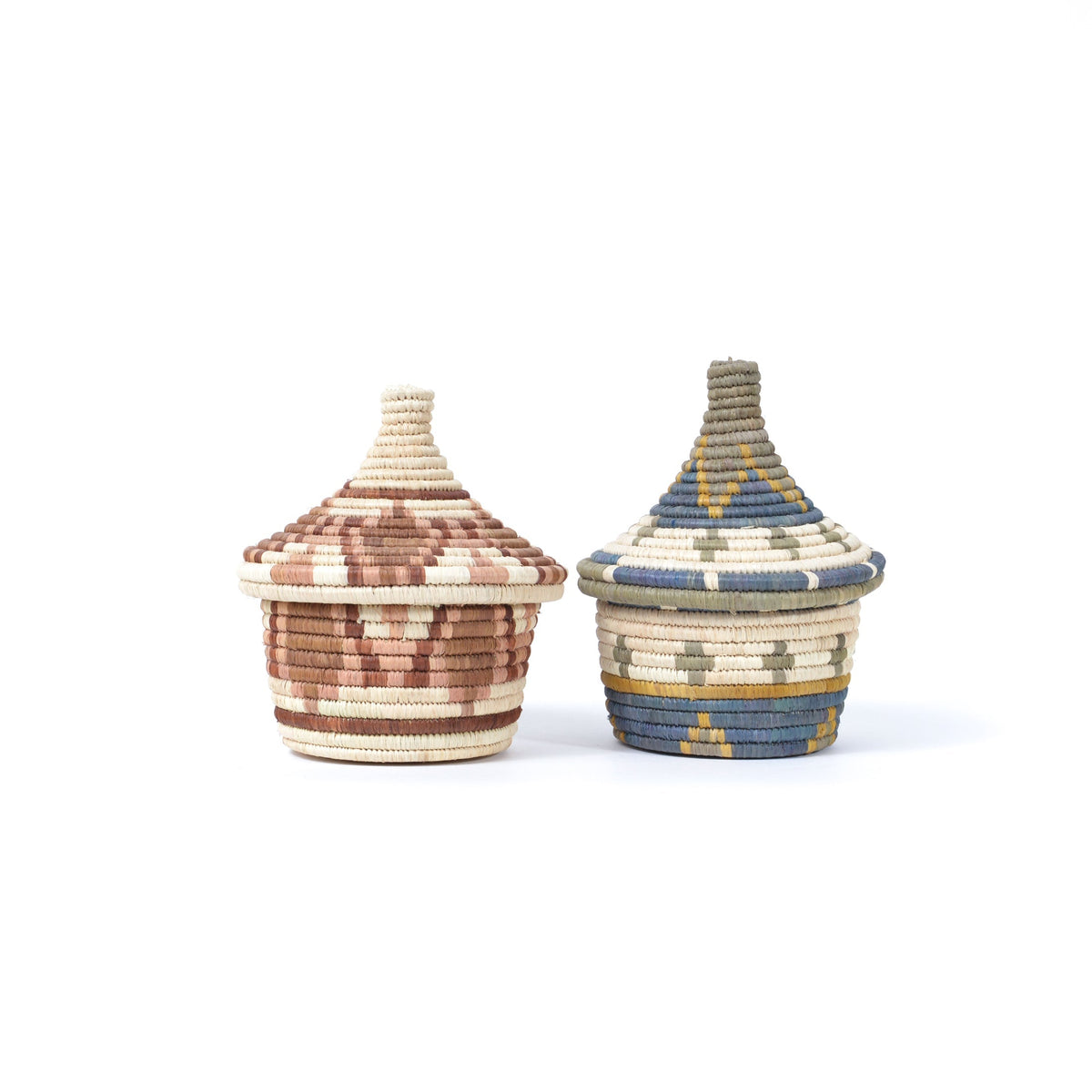 Two woven lidded coffee baskets with striped flower patterns in brown and blue