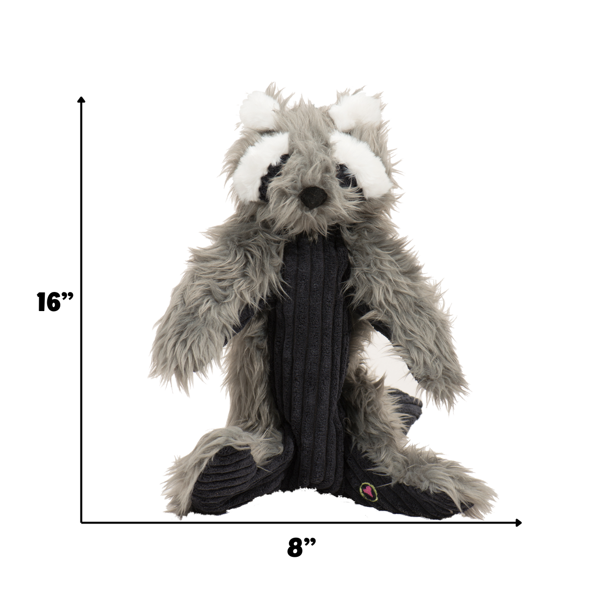 Raccoon plush dog toy shown with 16-inch height and 8-inch width measurements