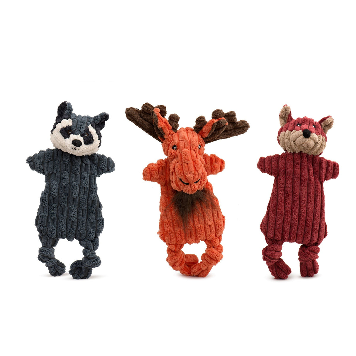Three plush dog toys: a gray wolf, orange moose, and red fox
