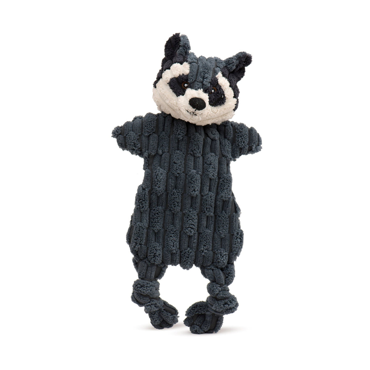 Gray and white plush wolf dog toy with textured fabric and knotted legs